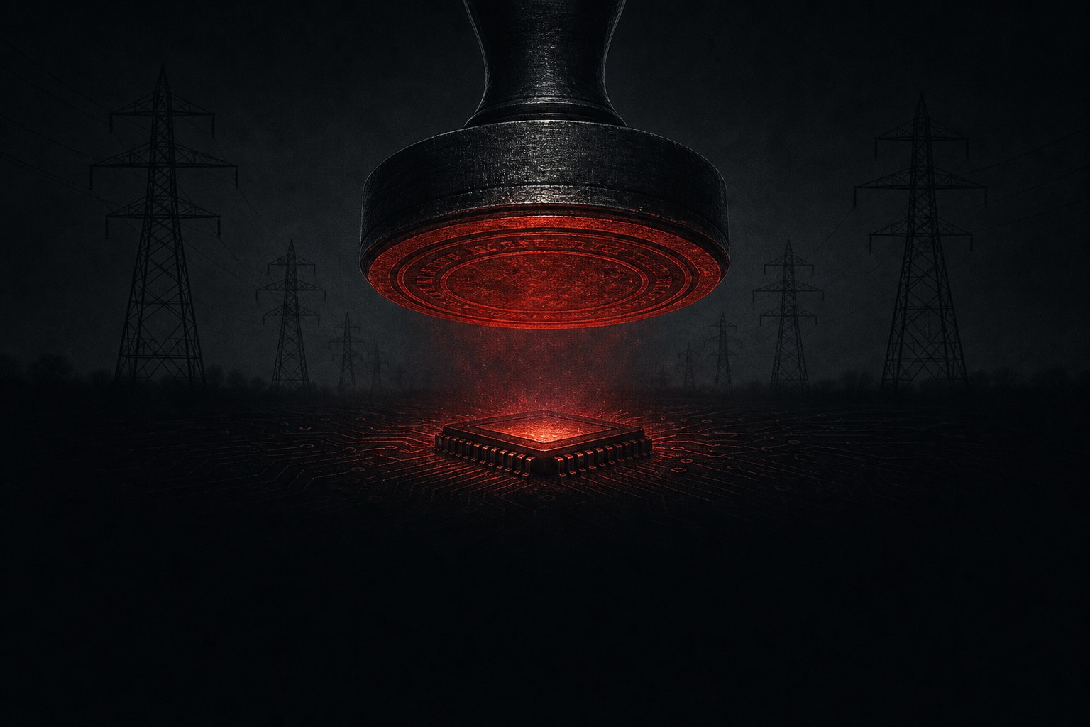 Ilustração editorial escura: um selo de licença sobre um chip, com uma torre de transmissão ao fundo, vermelho tijolo sobre carvão