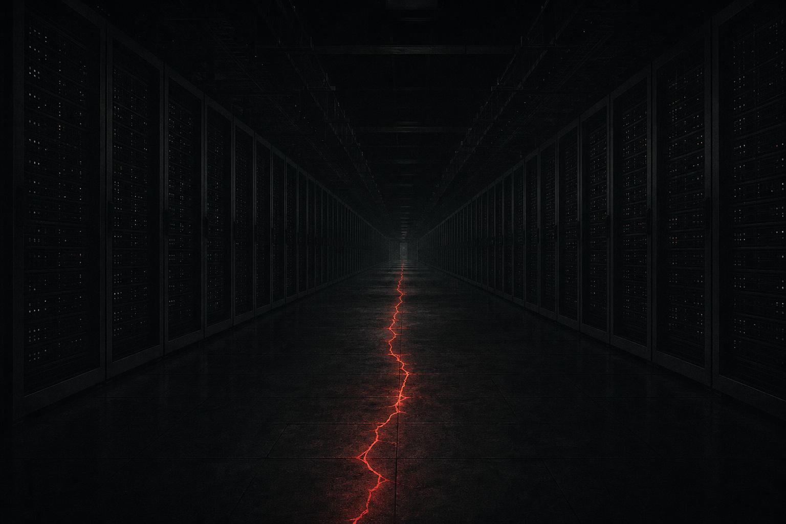 Ilustracao editorial escura: um salao de servidores em perspectiva com uma fissura de luz vermelha correndo pelo chao