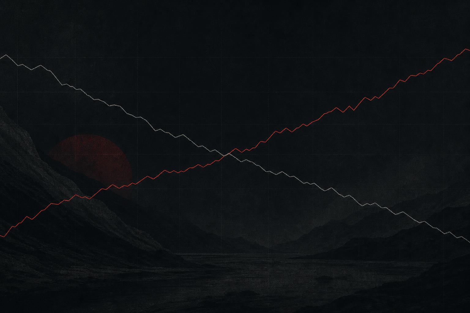 Ilustracao editorial escura: duas linhas de grafico cruzando em direcoes opostas, uma vermelha subindo e uma cinza descendo