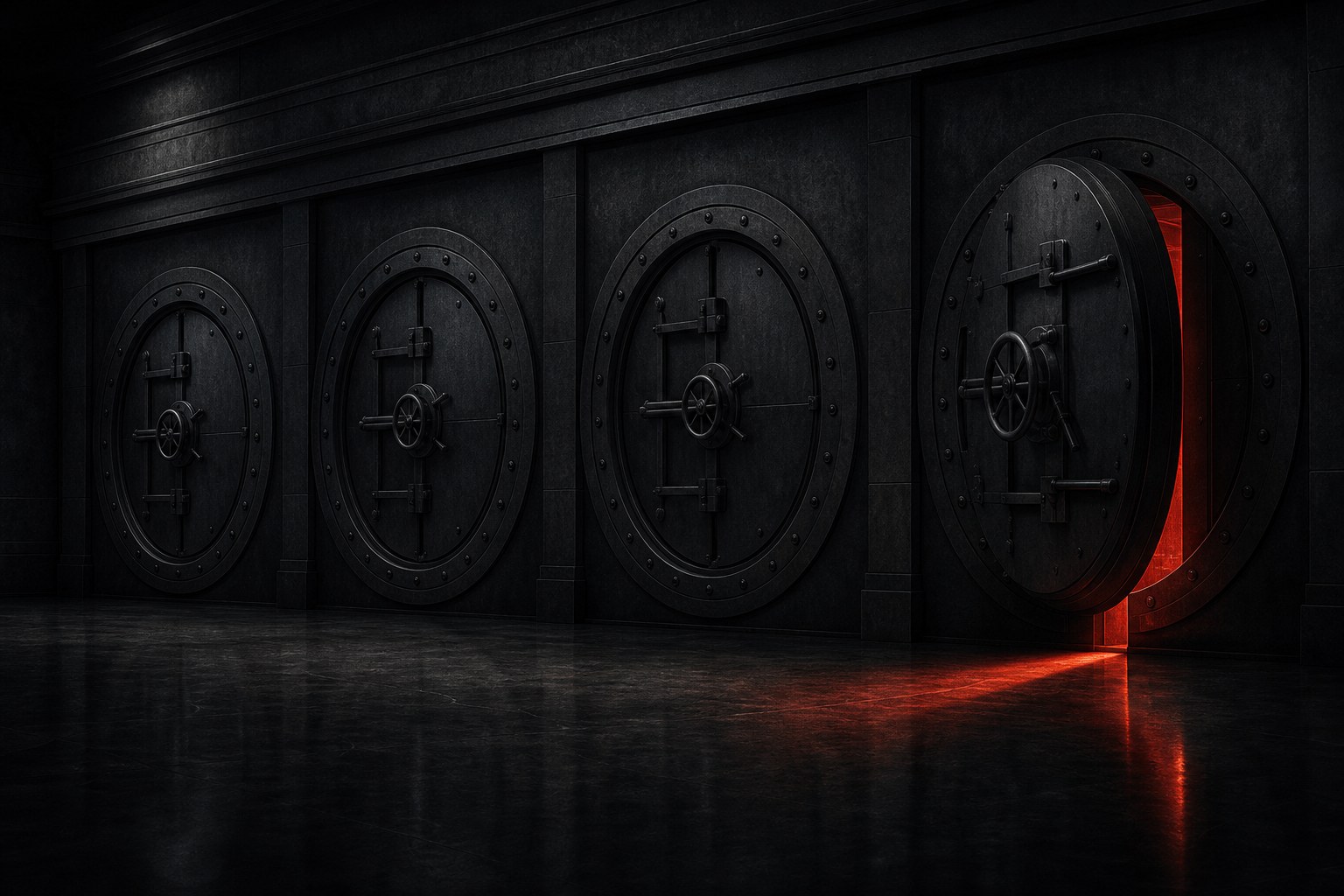 Ilustracao editorial escura: quatro portas de cofre de banco central em fila, uma delas entreaberta com luz vermelha tijolo