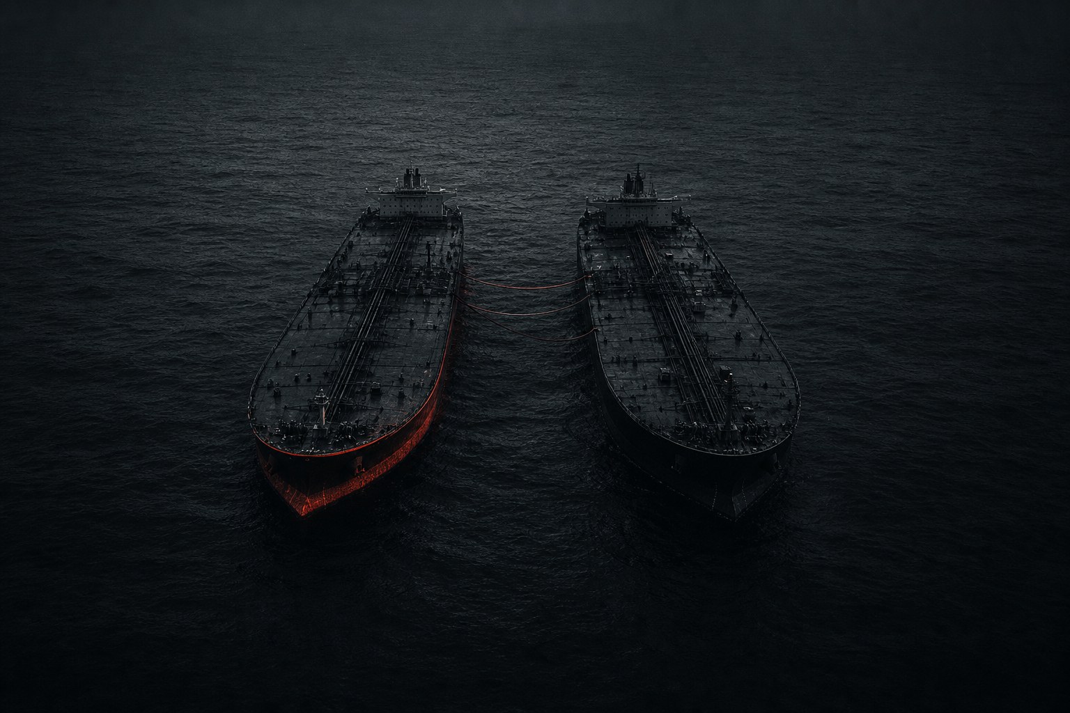 Ilustracao editorial escura: petroleiros em fila transferindo carga em alto mar, com uma linha vermelha tijolo ligando os cascos
