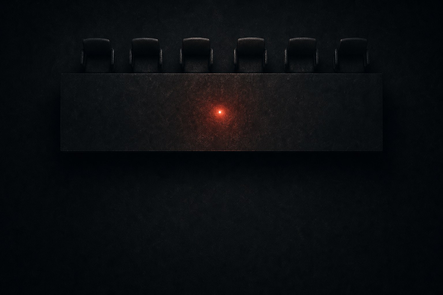 Ilustração editorial escura: uma longa sala de reunião vista de cima, com seis cadeiras de um lado e um único ponto de luz vermelho tijolo no centro
