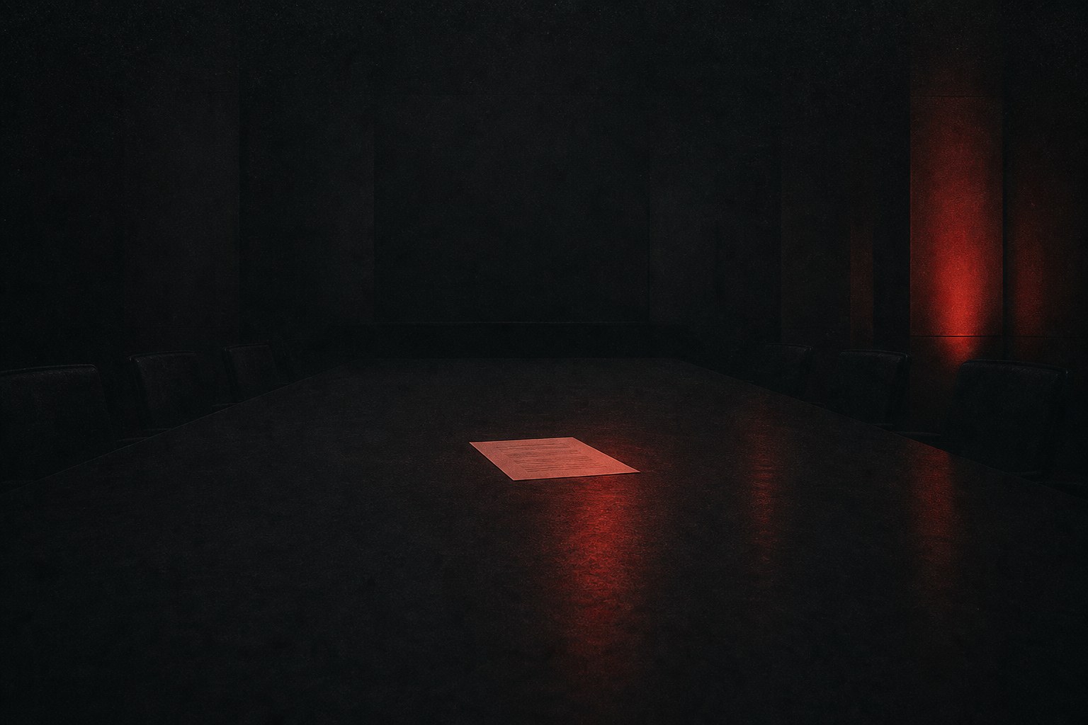 Ilustração editorial escura: uma única folha de papel sobre uma mesa de reunião imensa numa sala em penumbra, com um reflexo vermelho tijolo sobre o papel